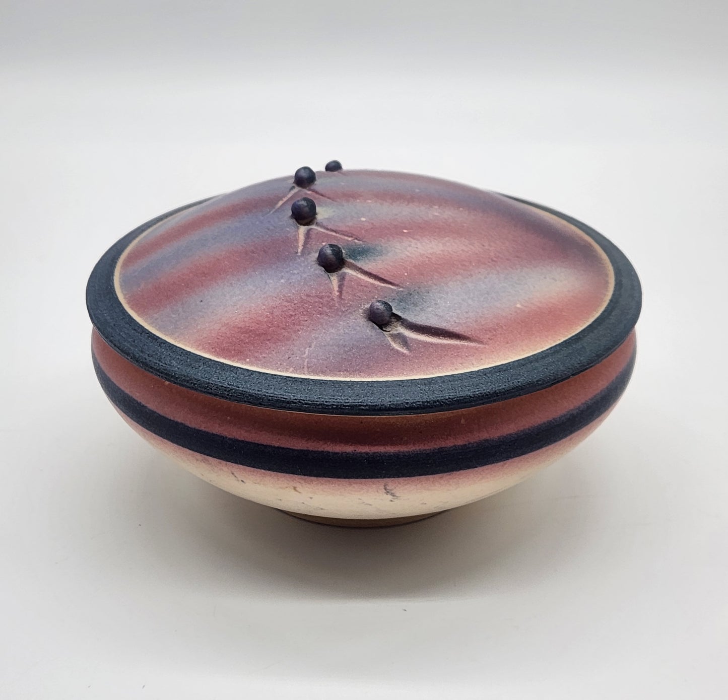 Southwestern style lidded jar, signed stoneware studio pottery