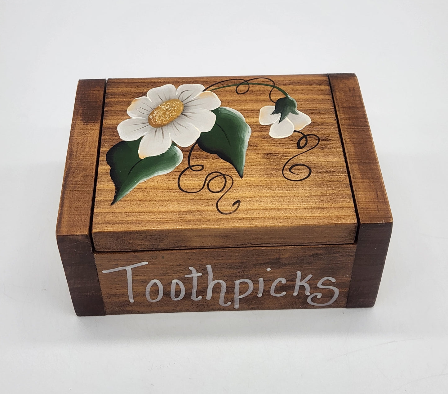 Wooden Toothpick Box White Flowers, Hinged