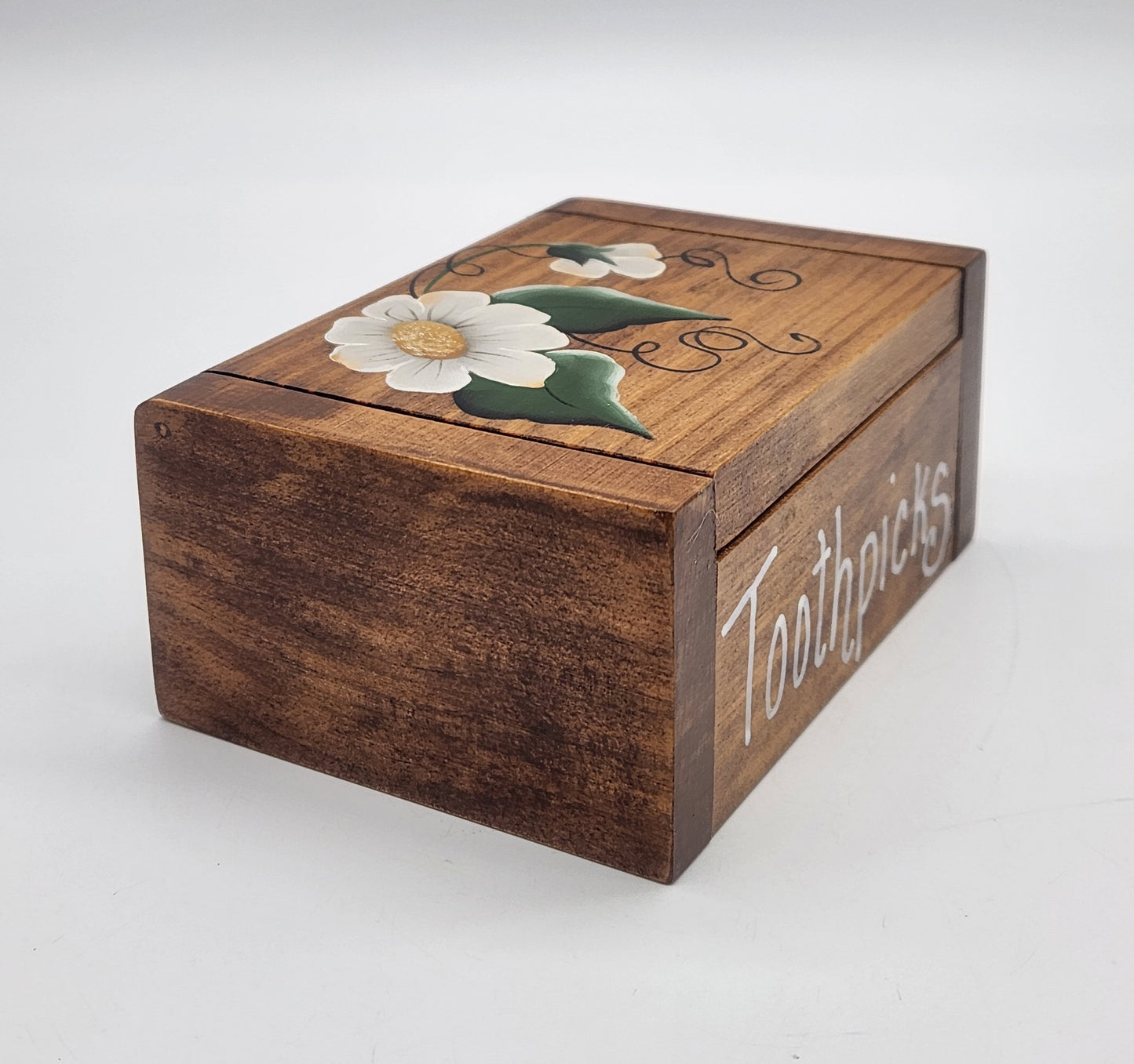 Wooden Toothpick Box White Flowers, Hinged