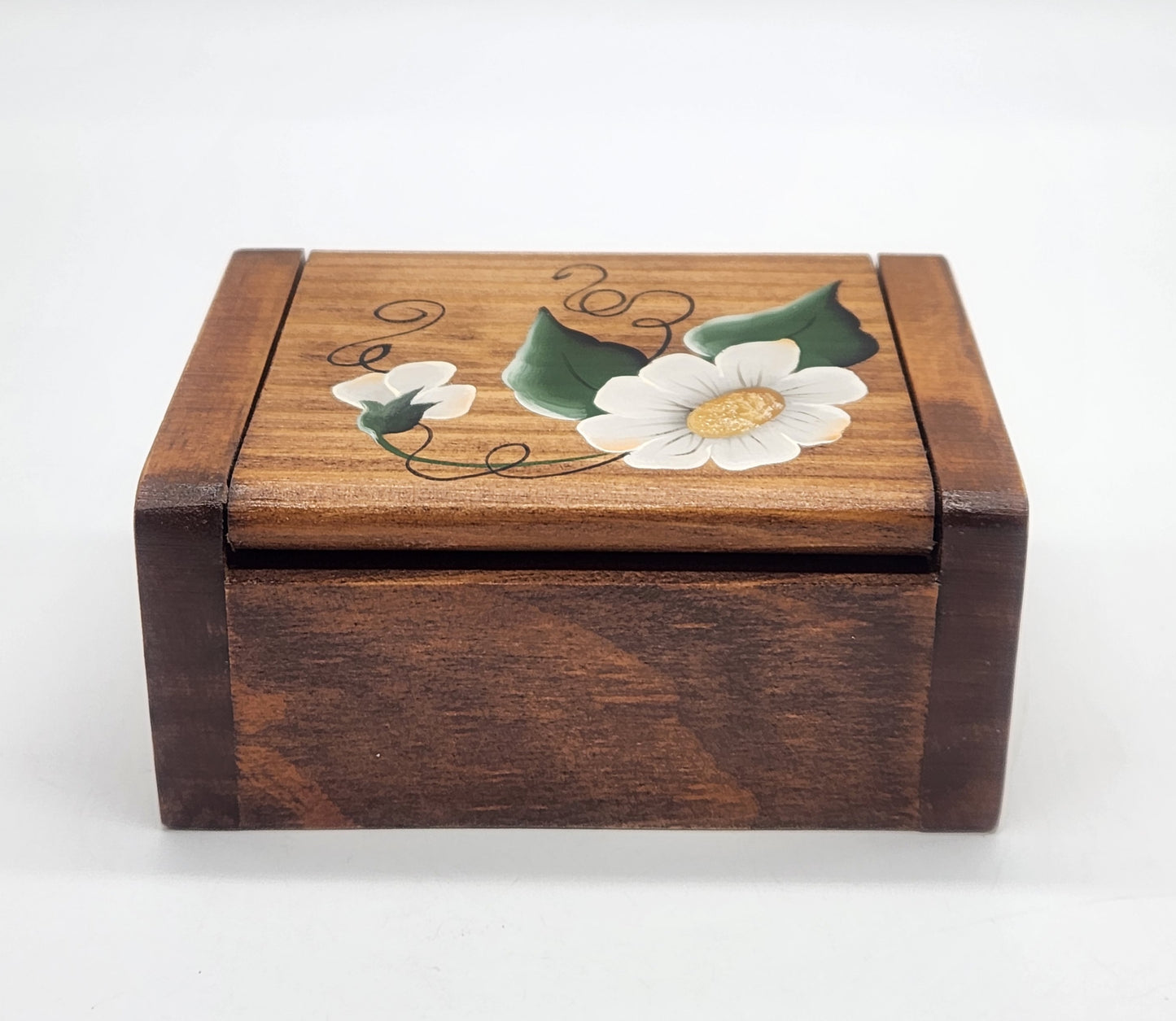 Wooden Toothpick Box White Flowers, Hinged