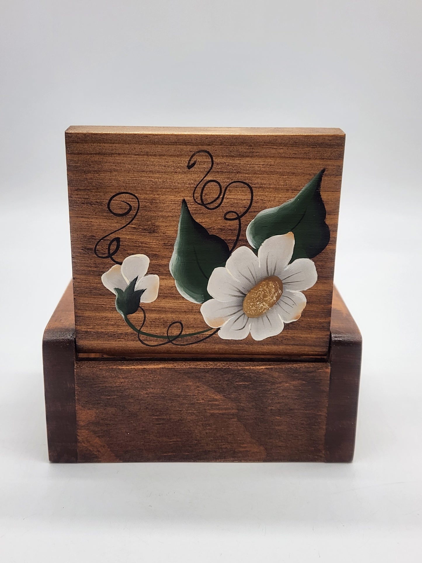 Wooden Toothpick Box White Flowers, Hinged