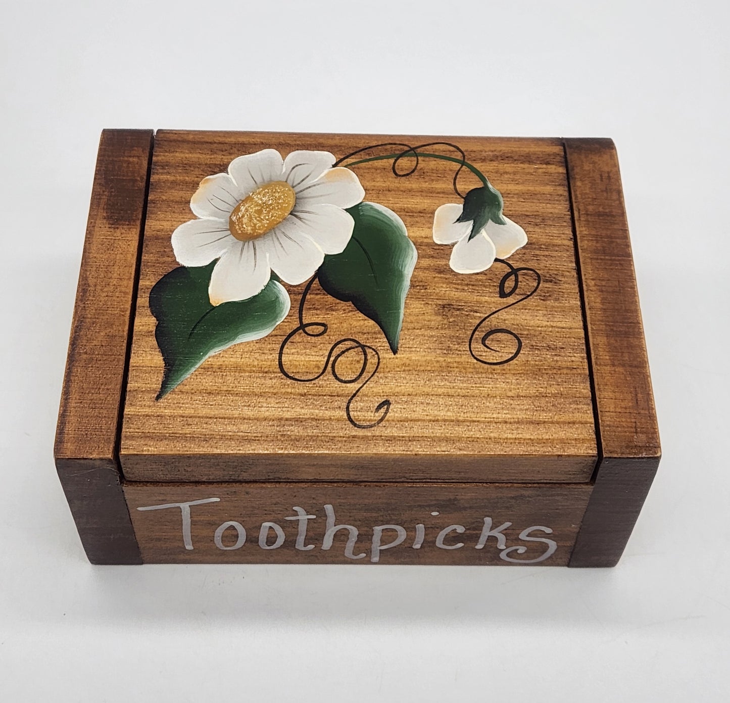 Wooden Toothpick Box White Flowers, Hinged