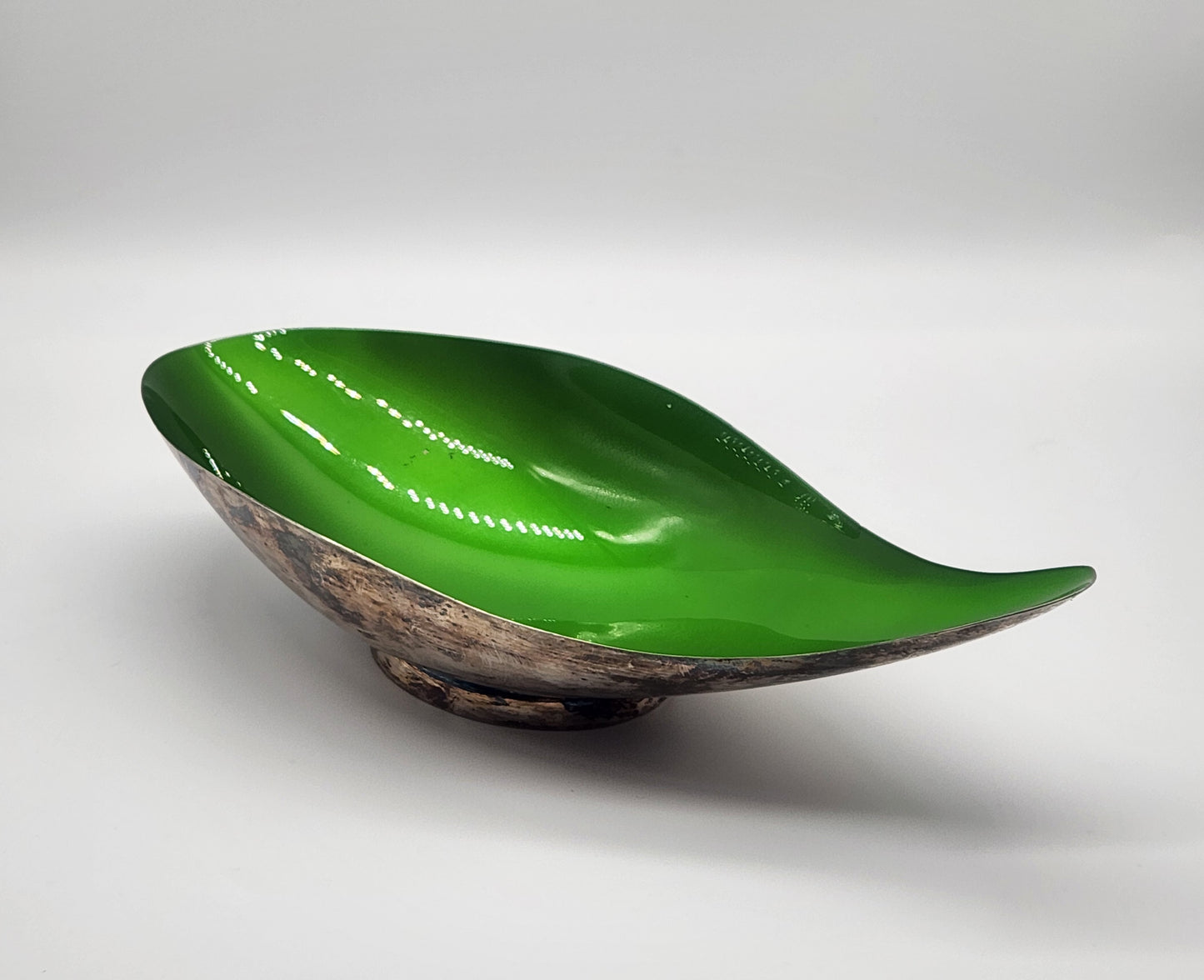 Vintage Reed & Barton Emerald Enamel Silver Plate Tear Drop Bowl #65