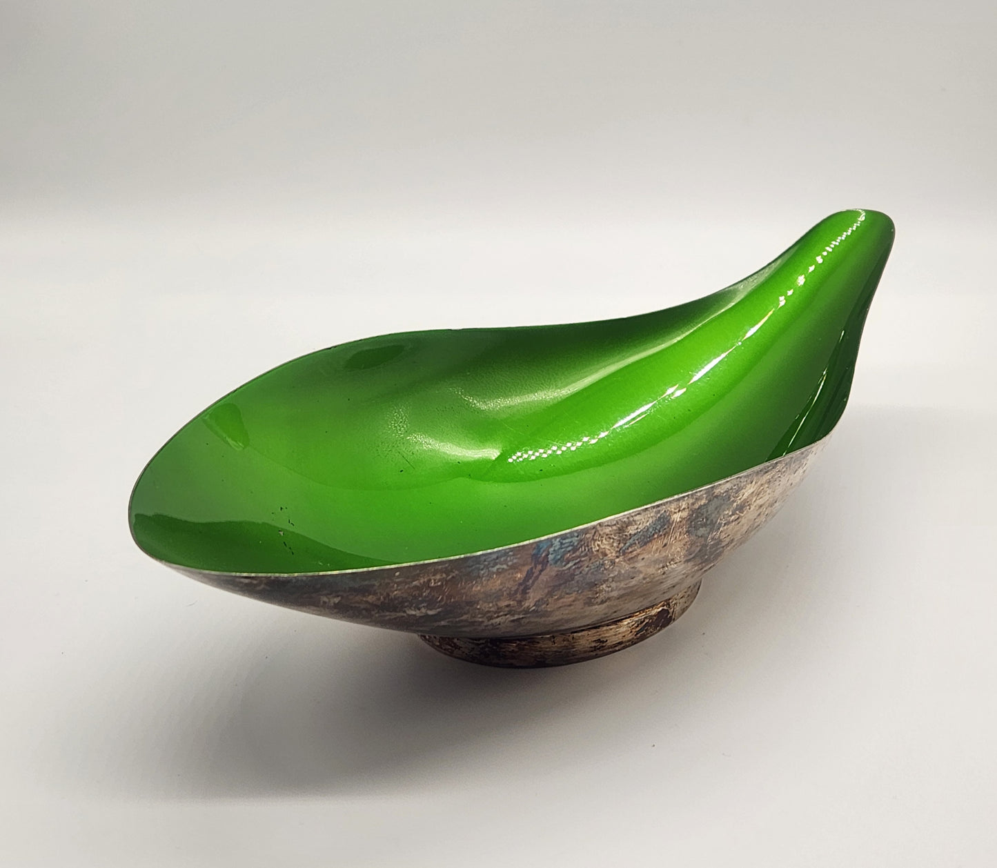 Vintage Reed & Barton Emerald Enamel Silver Plate Tear Drop Bowl #65