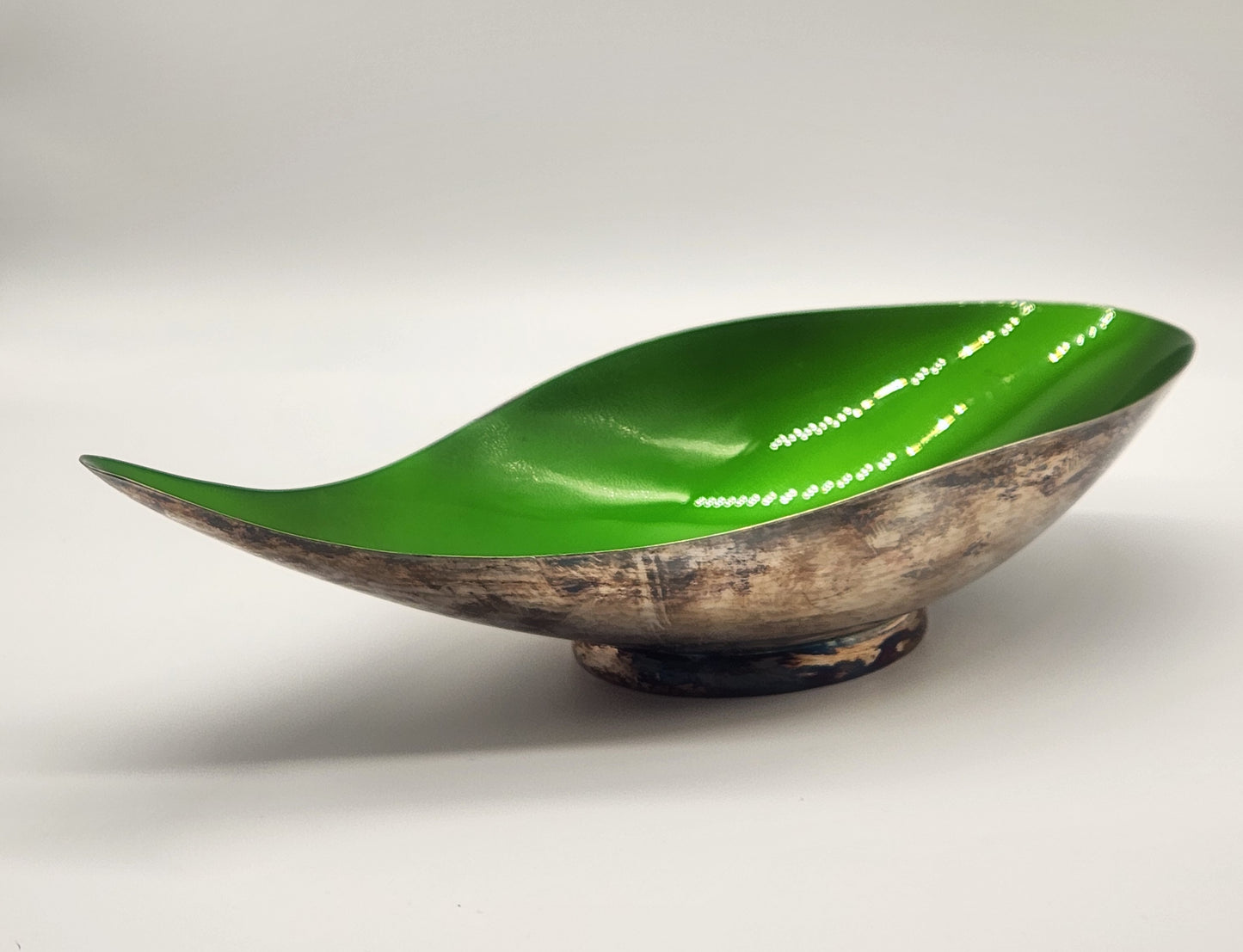 Vintage Reed & Barton Emerald Enamel Silver Plate Tear Drop Bowl #65