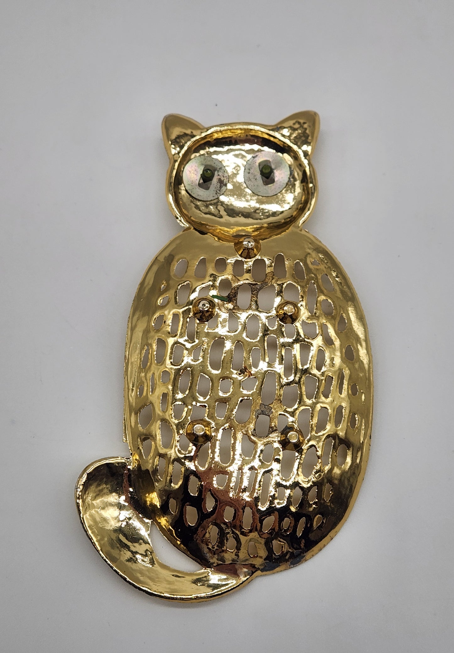 Vintage Gold Cat Soap or Trinket Dish/ Retro Goldtone Kitty with Resin Cat Eyes