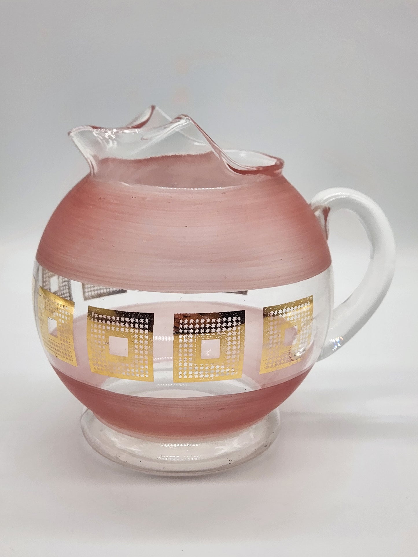 Vintage MCM Glass Pitcher Clear And Frosted Pink Glass Gold Squares with Ice Lip