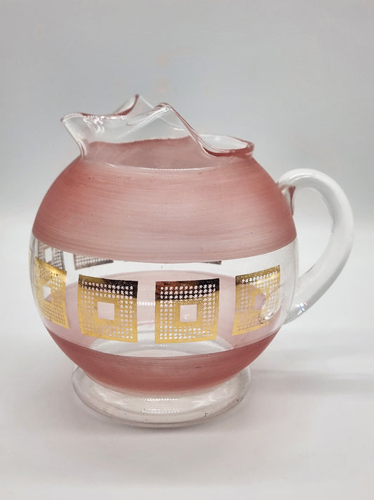 Vintage MCM Glass Pitcher Clear And Frosted Pink Glass Gold Squares with Ice Lip