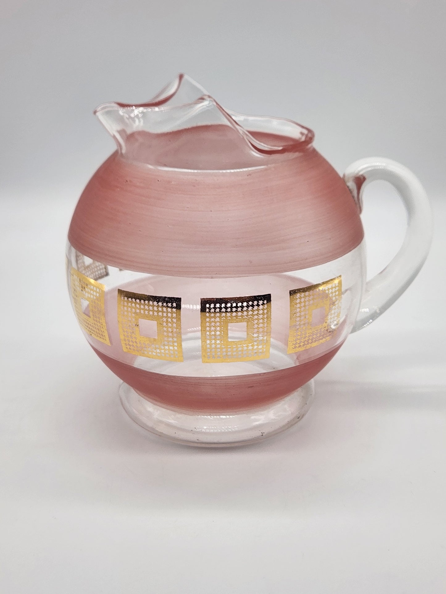 Vintage MCM Glass Pitcher Clear And Frosted Pink Glass Gold Squares with Ice Lip