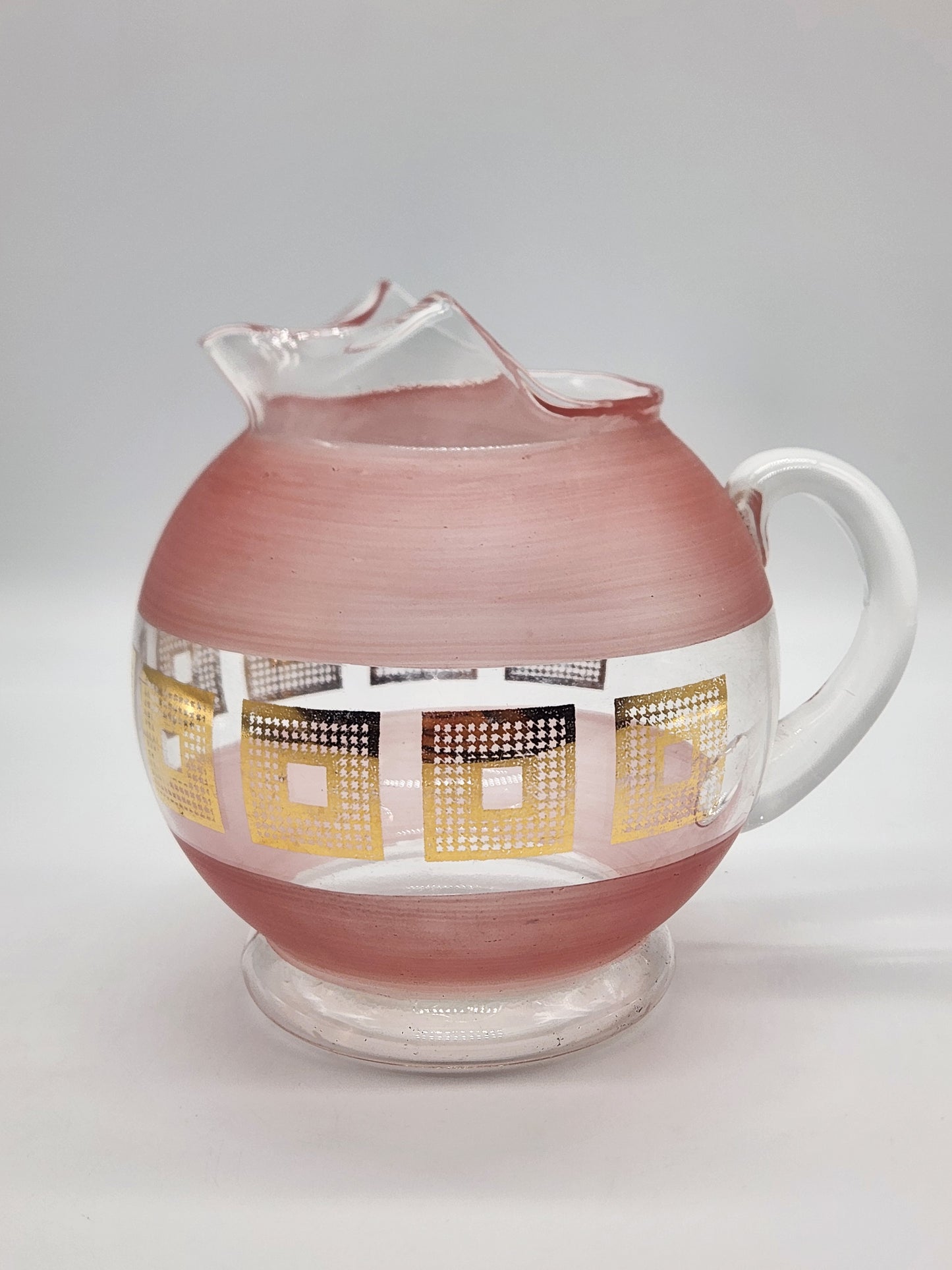Vintage MCM Glass Pitcher Clear And Frosted Pink Glass Gold Squares with Ice Lip