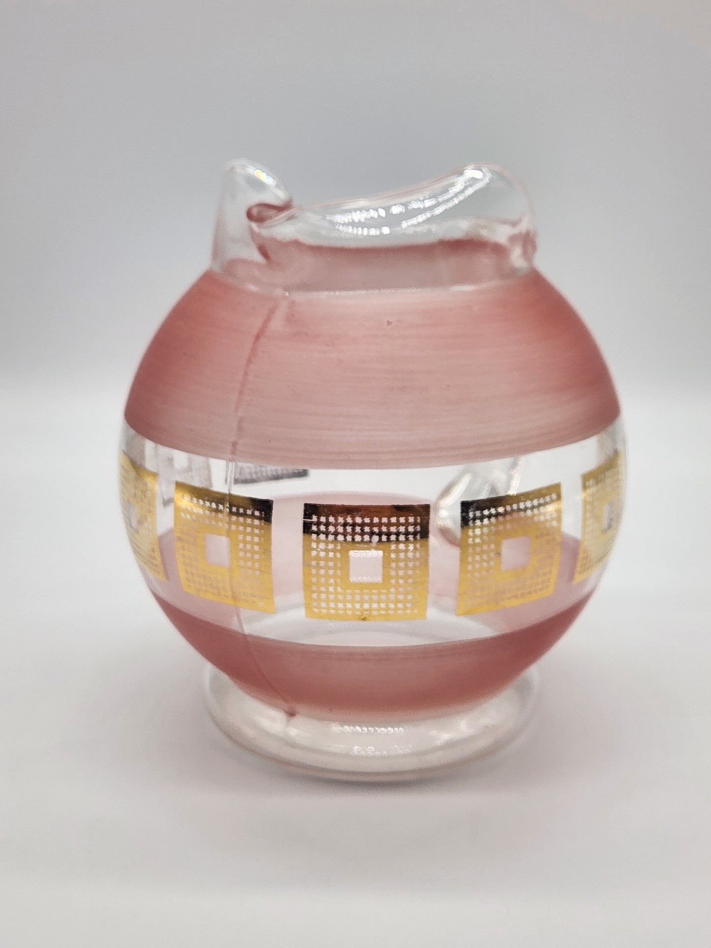 Vintage MCM Glass Pitcher Clear And Frosted Pink Glass Gold Squares with Ice Lip