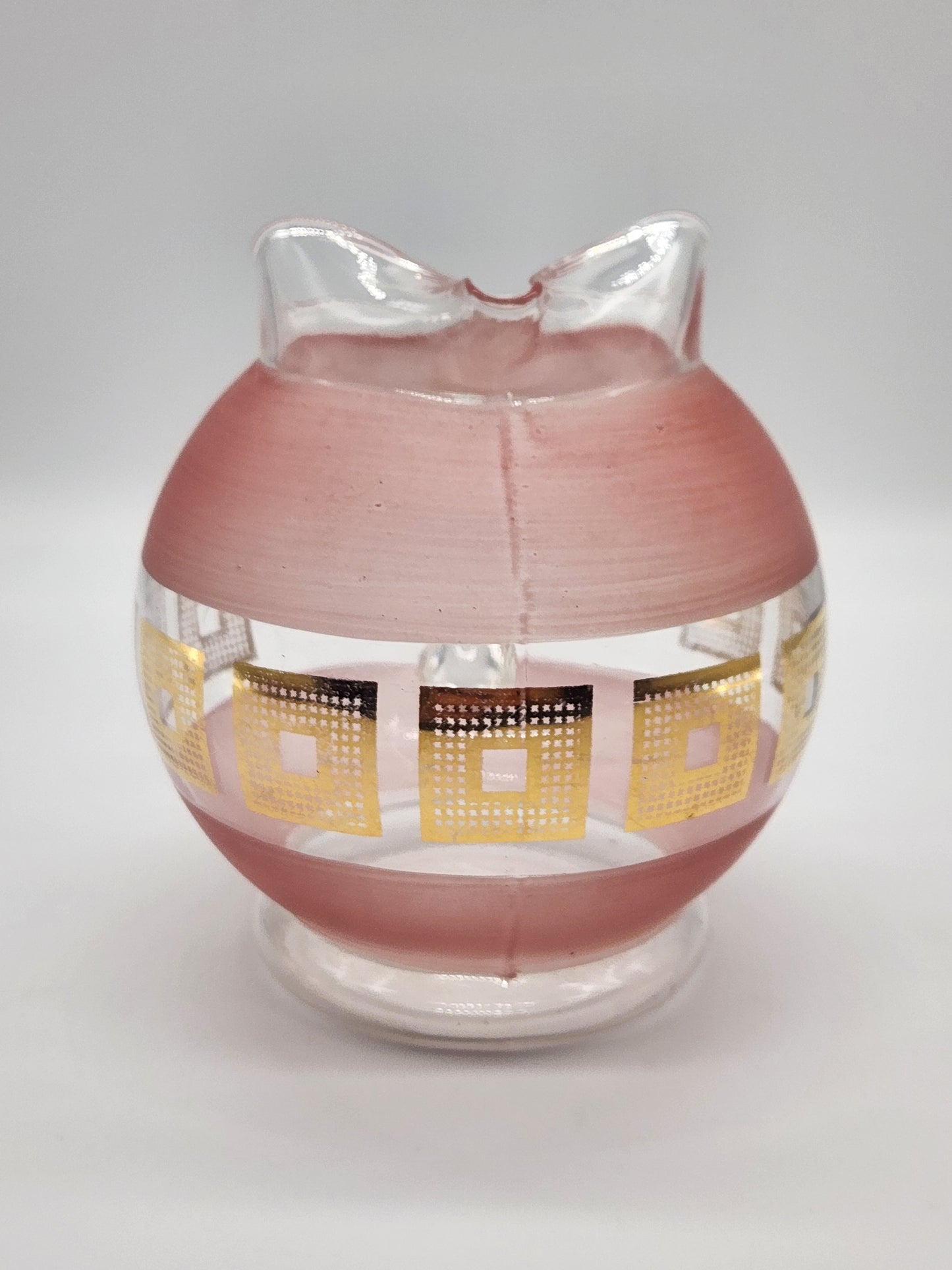 Vintage MCM Glass Pitcher Clear And Frosted Pink Glass Gold Squares with Ice Lip