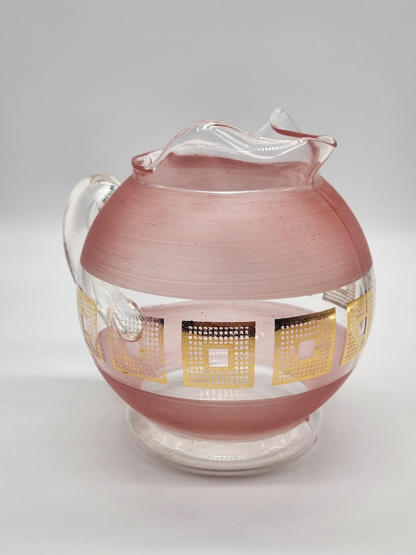 Vintage MCM Glass Pitcher Clear And Frosted Pink Glass Gold Squares with Ice Lip