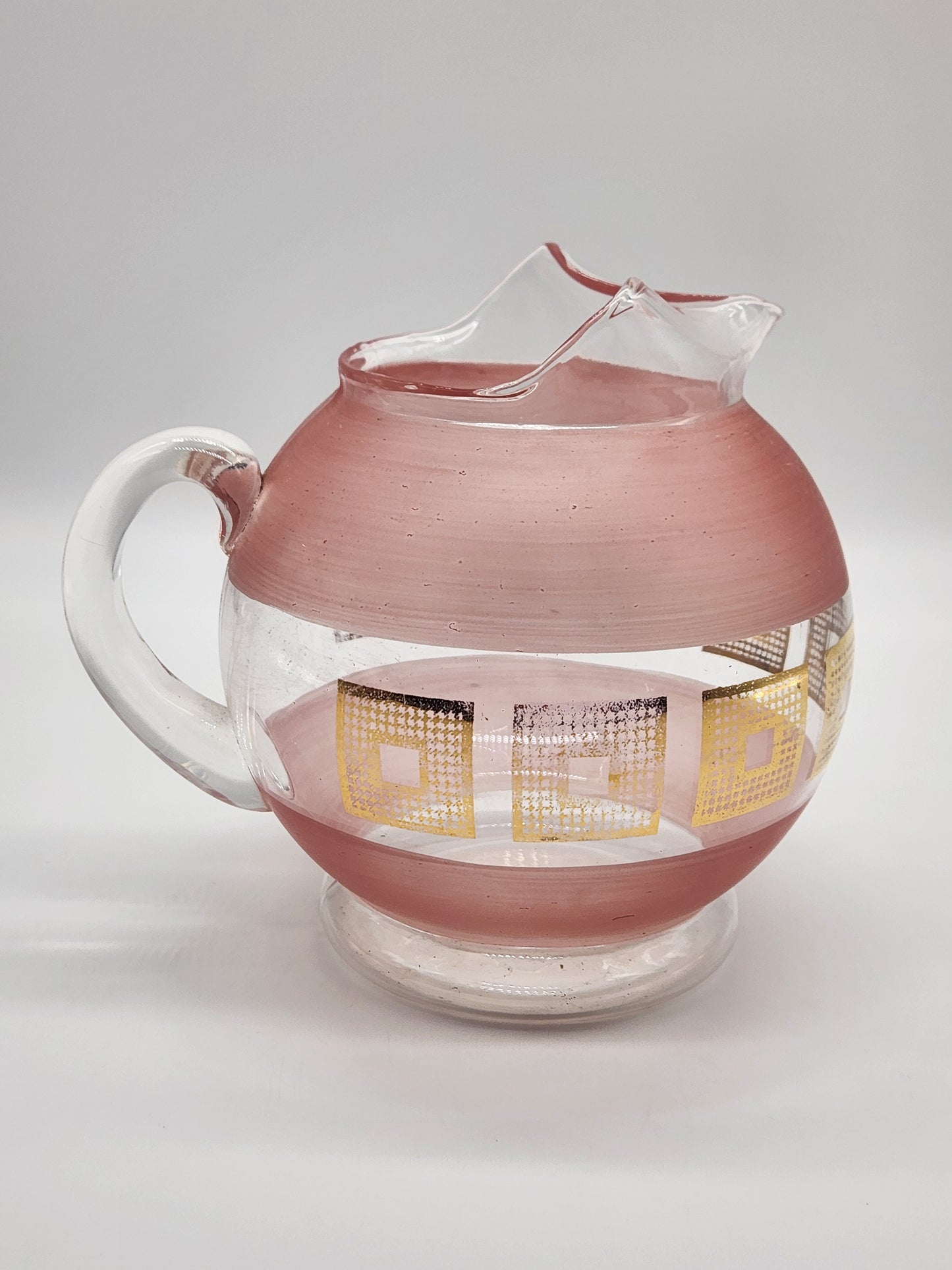 Vintage MCM Glass Pitcher Clear And Frosted Pink Glass Gold Squares with Ice Lip