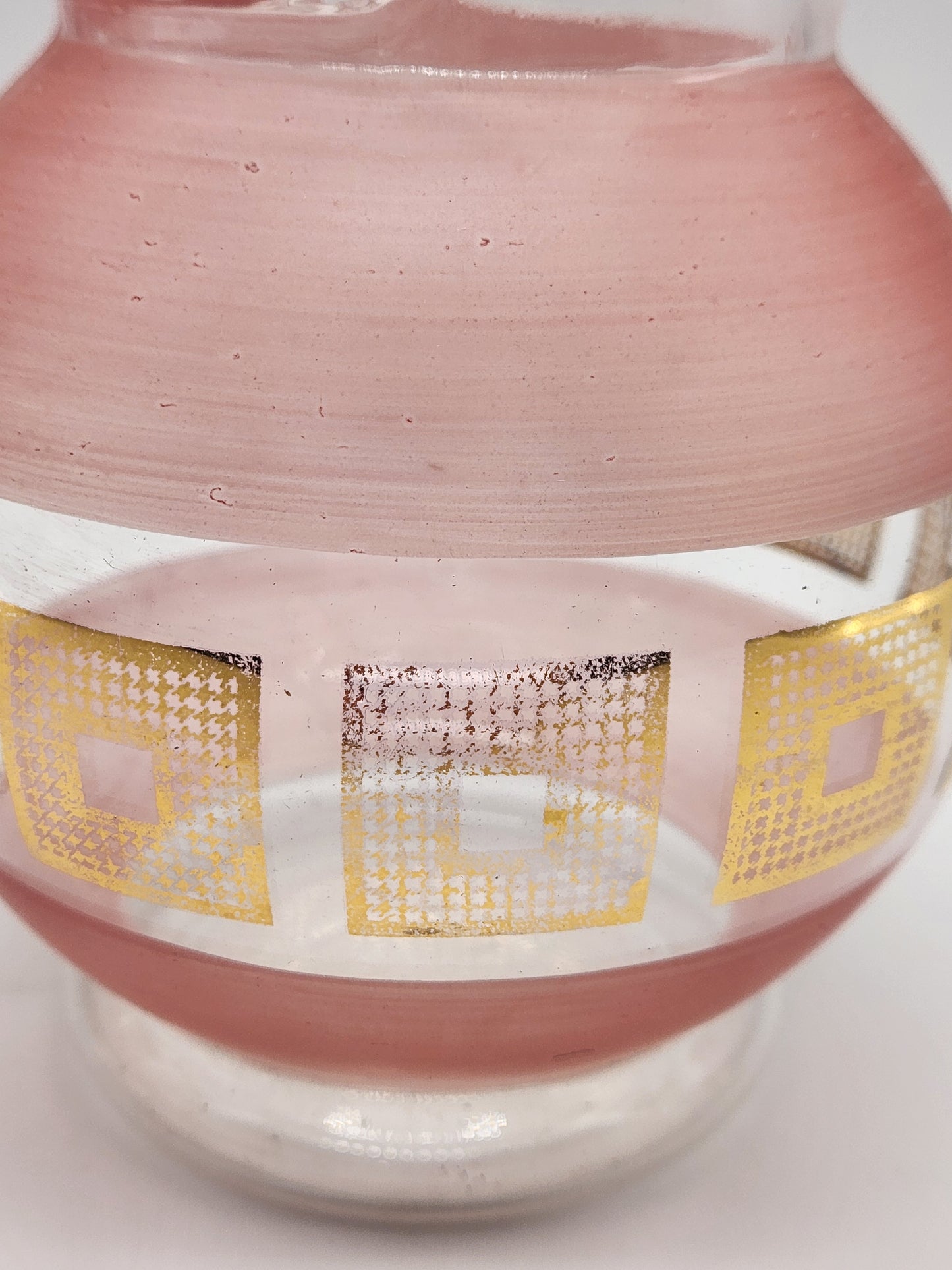 Vintage MCM Glass Pitcher Clear And Frosted Pink Glass Gold Squares with Ice Lip