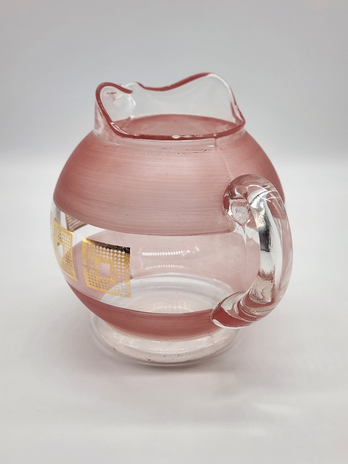 Vintage MCM Glass Pitcher Clear And Frosted Pink Glass Gold Squares with Ice Lip