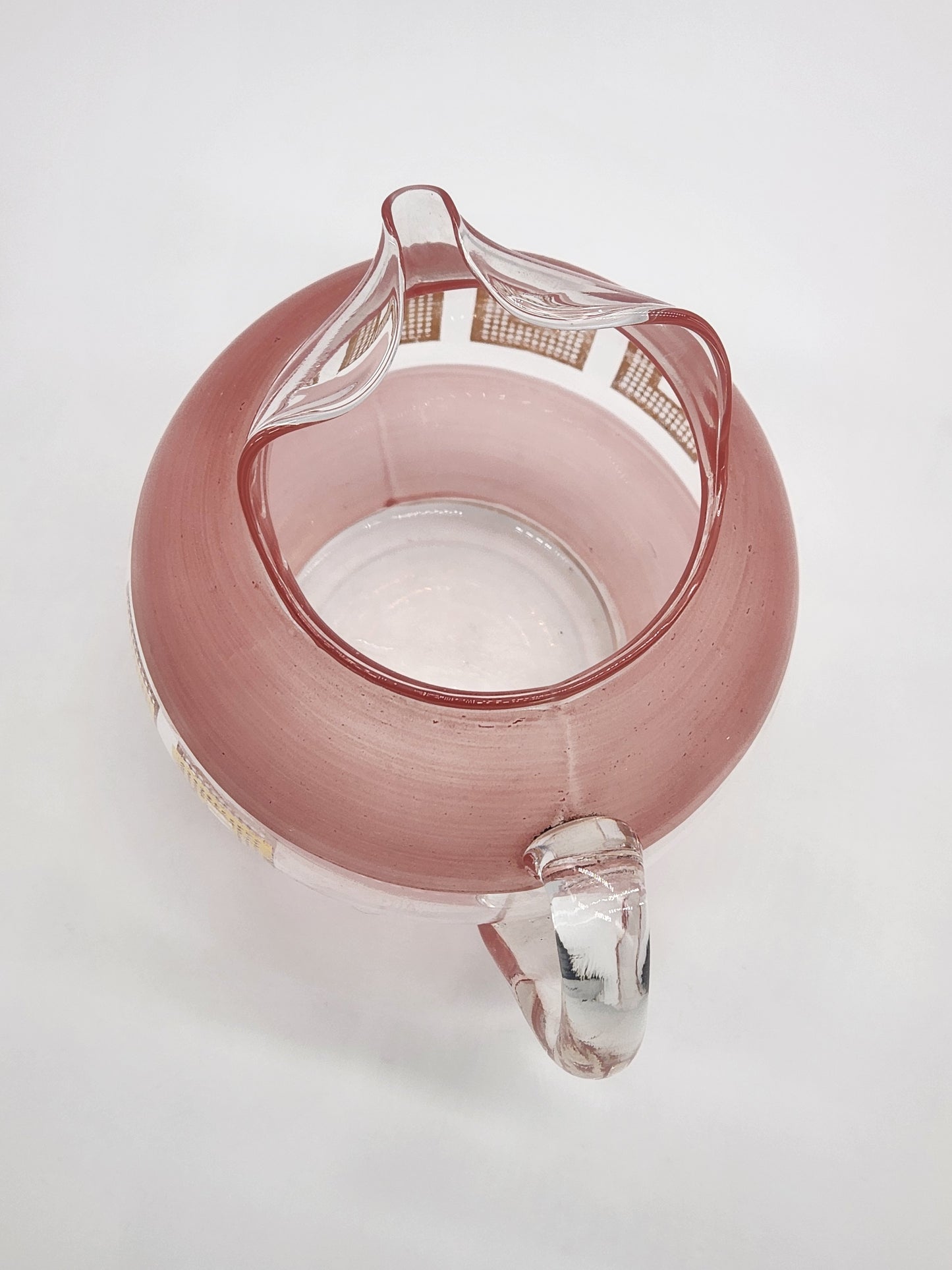 Vintage MCM Glass Pitcher Clear And Frosted Pink Glass Gold Squares with Ice Lip