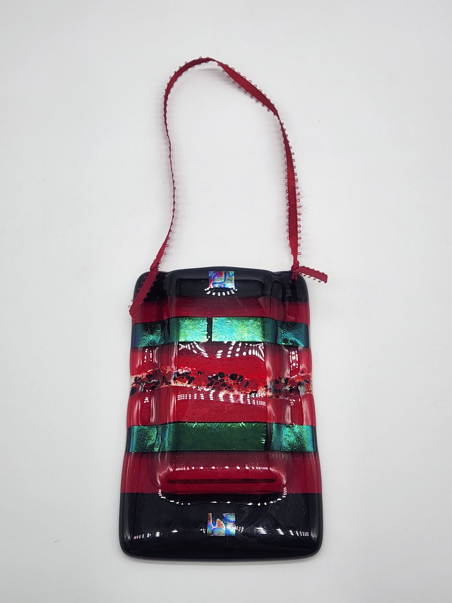 Fused Art Glass Hanging Wall Pocket Vase With Ribbon Hanger