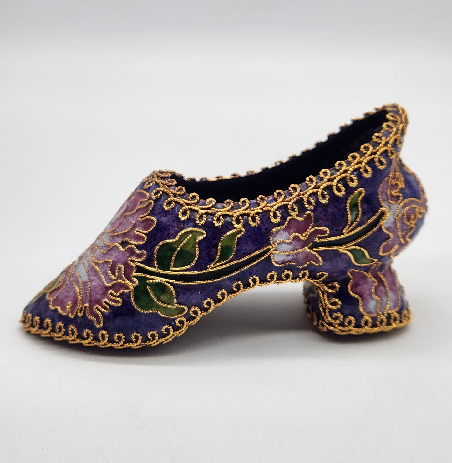 Vintage Cloisonné Enamel Heeled Shoe Ornament Purple with Pink & Green Floral Design Gold trim
