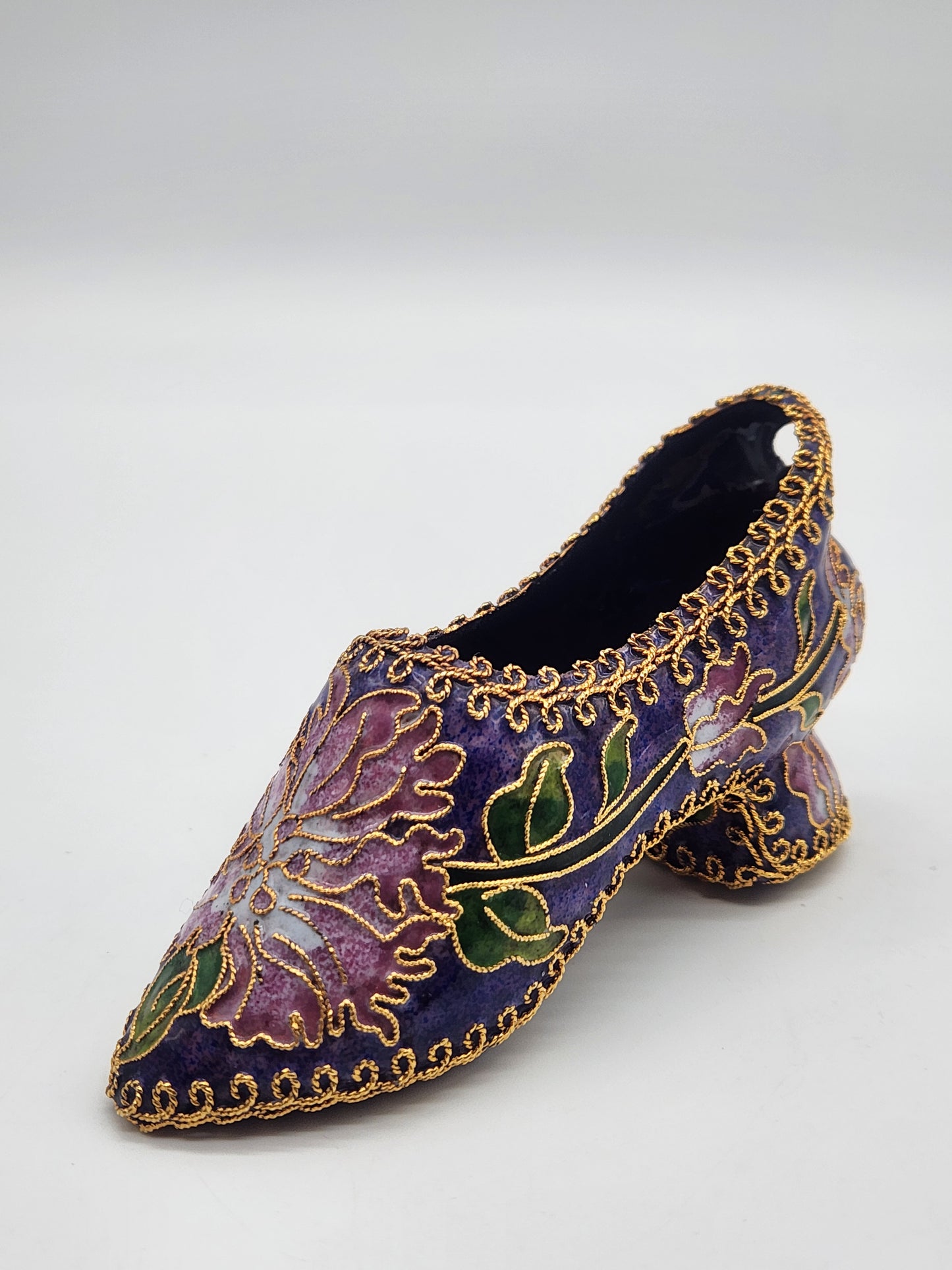 Vintage Cloisonné Enamel Heeled Shoe Ornament Purple with Pink & Green Floral Design Gold trim