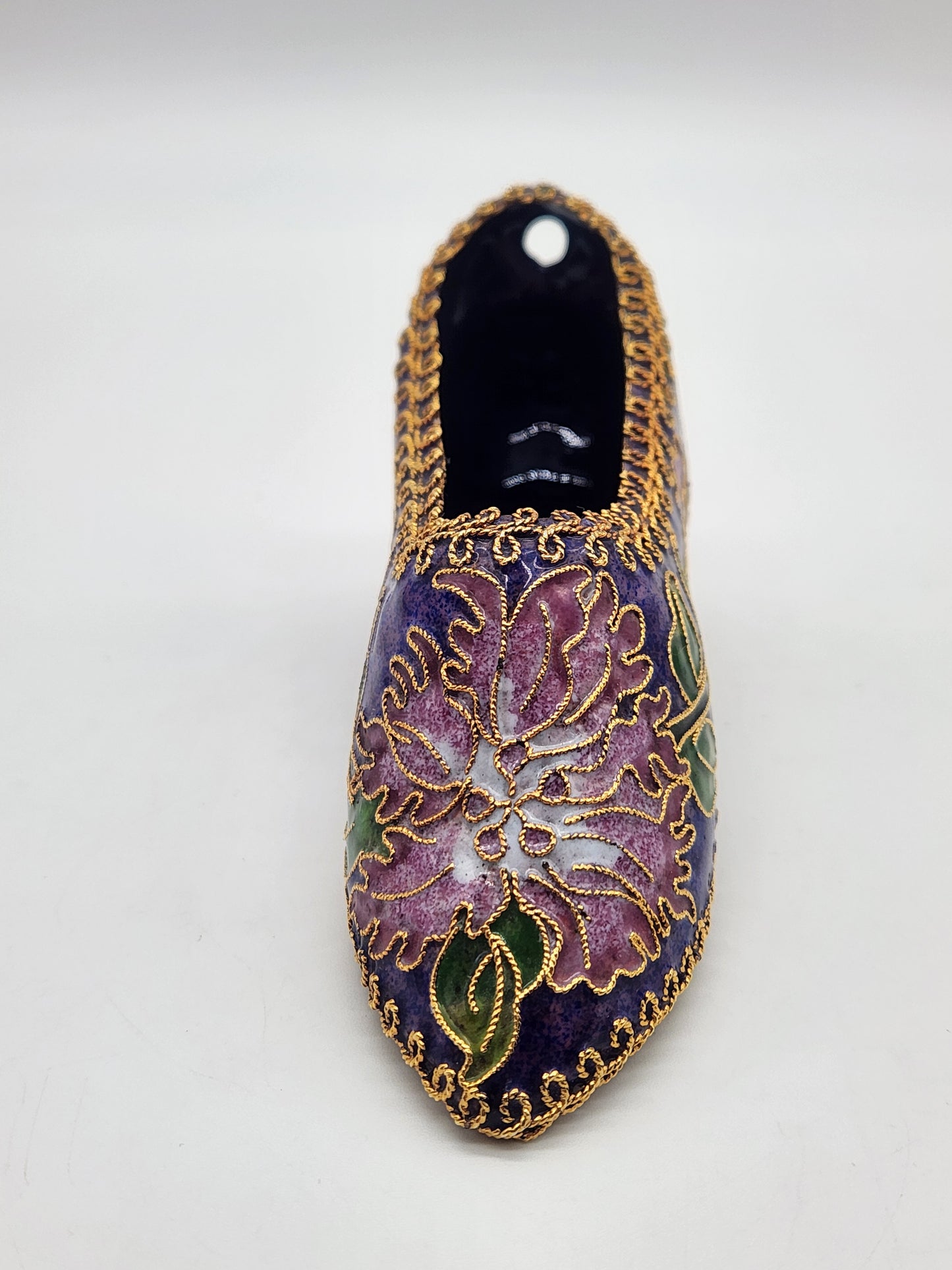 Vintage Cloisonné Enamel Heeled Shoe Ornament Purple with Pink & Green Floral Design Gold trim