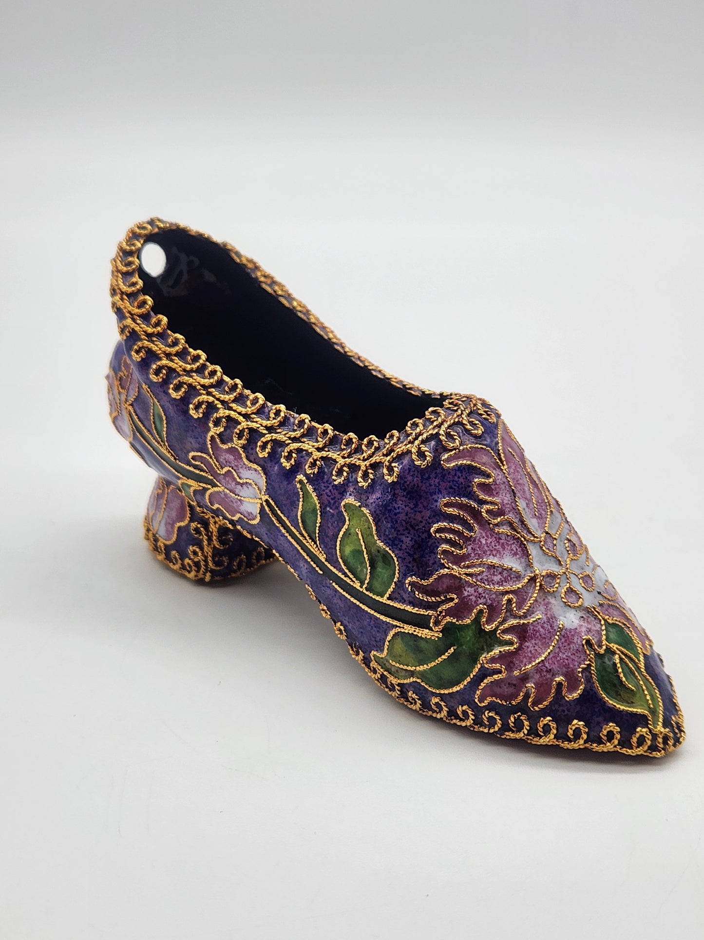 Vintage Cloisonné Enamel Heeled Shoe Ornament Purple with Pink & Green Floral Design Gold trim