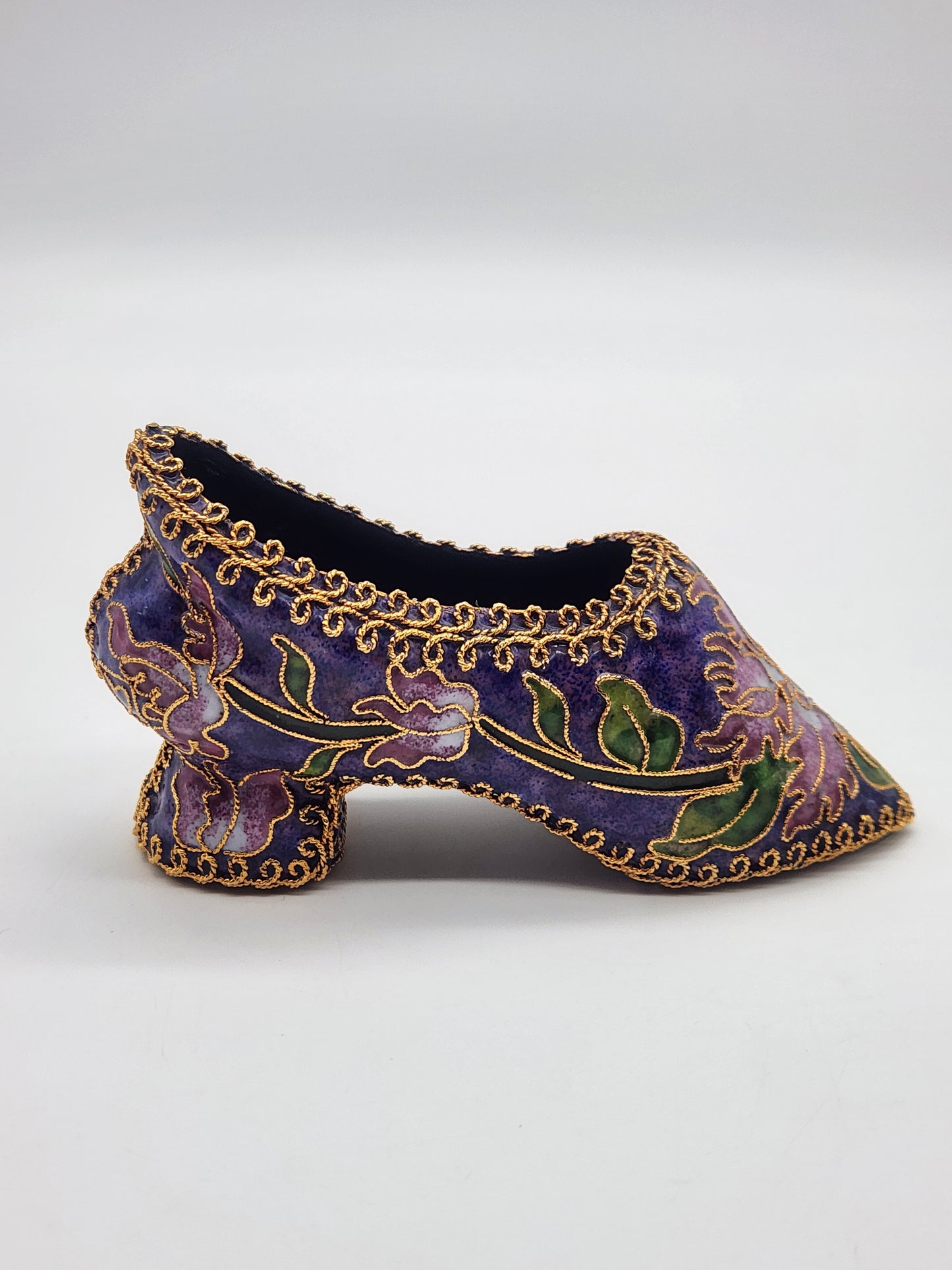 Vintage Cloisonné Enamel Heeled Shoe Ornament Purple with Pink & Green Floral Design Gold trim