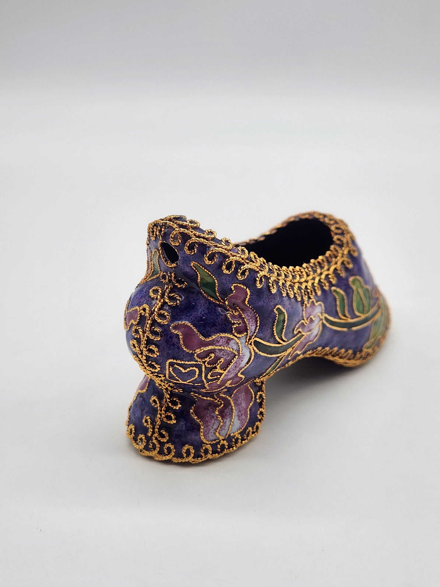 Vintage Cloisonné Enamel Heeled Shoe Ornament Purple with Pink & Green Floral Design Gold trim