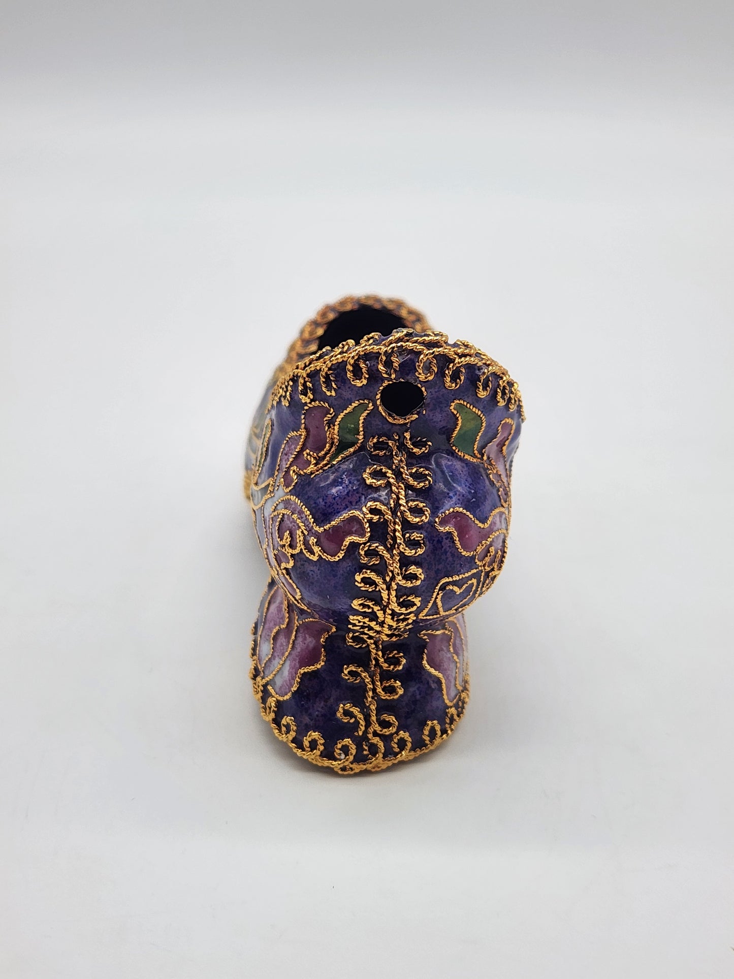 Vintage Cloisonné Enamel Heeled Shoe Ornament Purple with Pink & Green Floral Design Gold trim