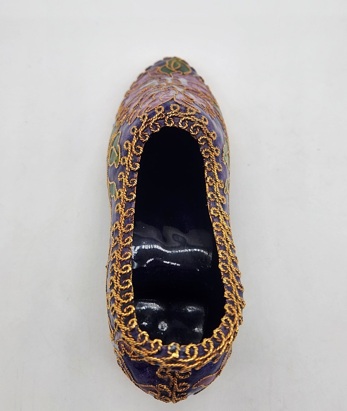 Vintage Cloisonné Enamel Heeled Shoe Ornament Purple with Pink & Green Floral Design Gold trim