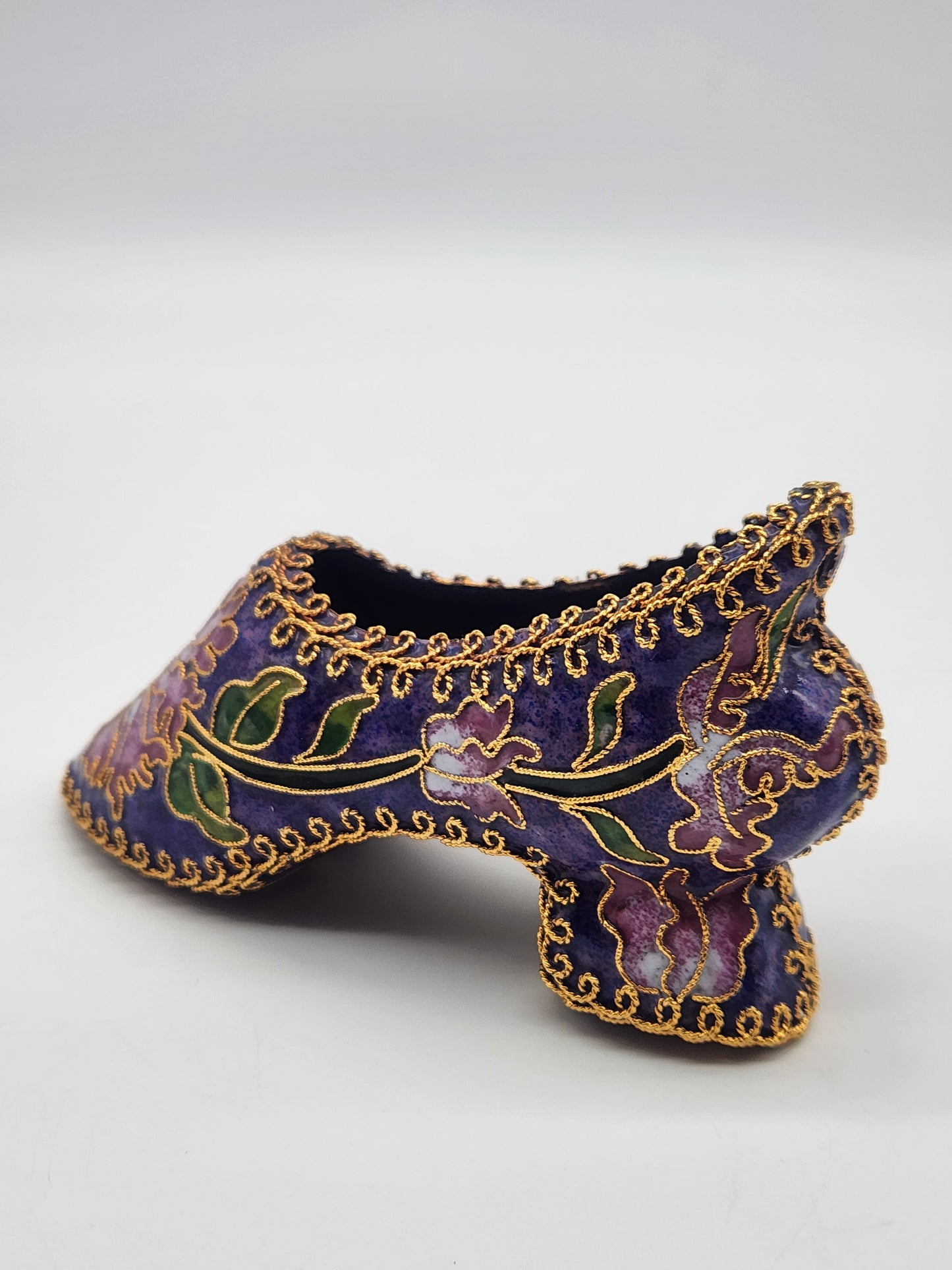 Vintage Cloisonné Enamel Heeled Shoe Ornament Purple with Pink & Green Floral Design Gold trim
