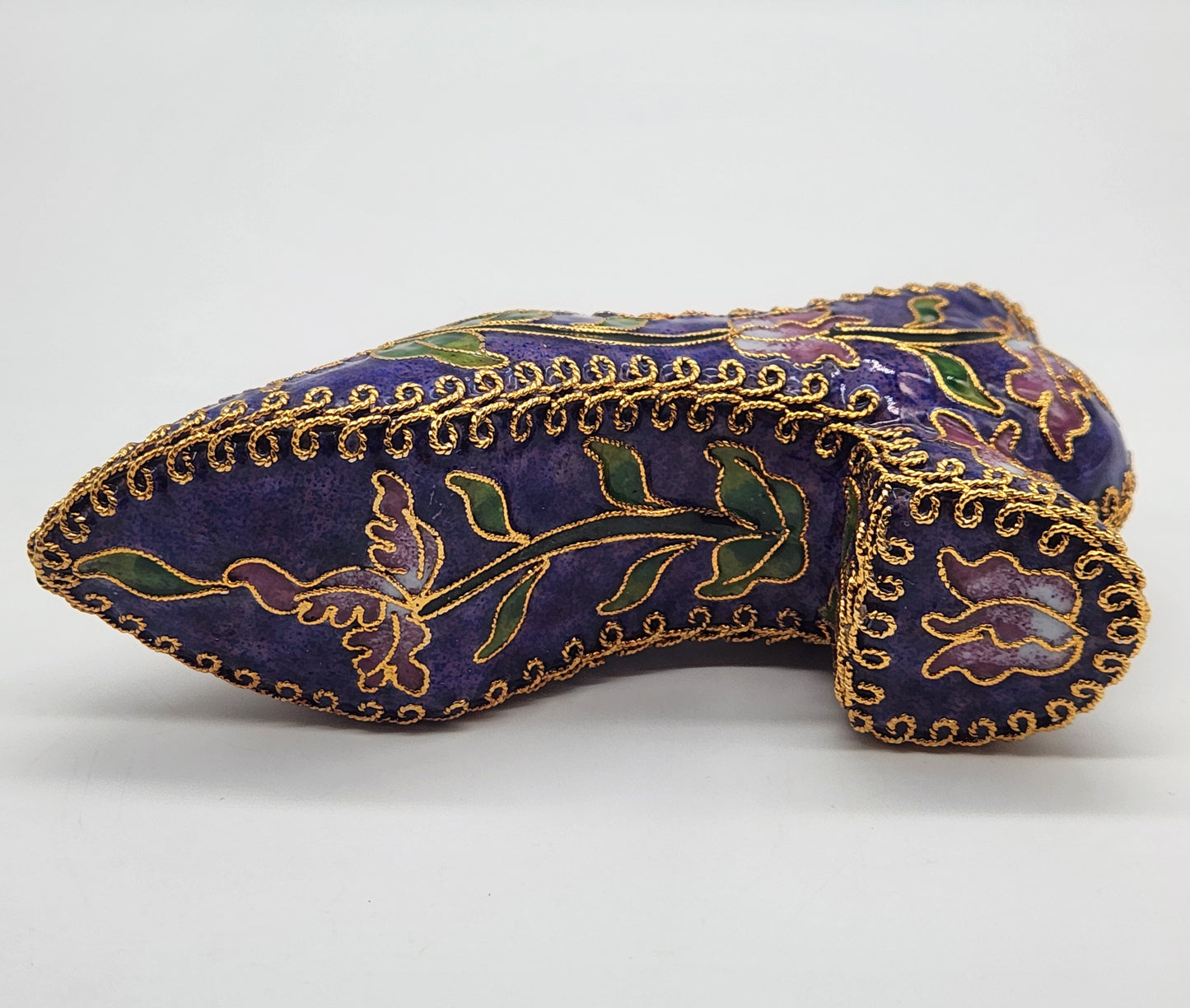 Vintage Cloisonné Enamel Heeled Shoe Ornament Purple with Pink & Green Floral Design Gold trim