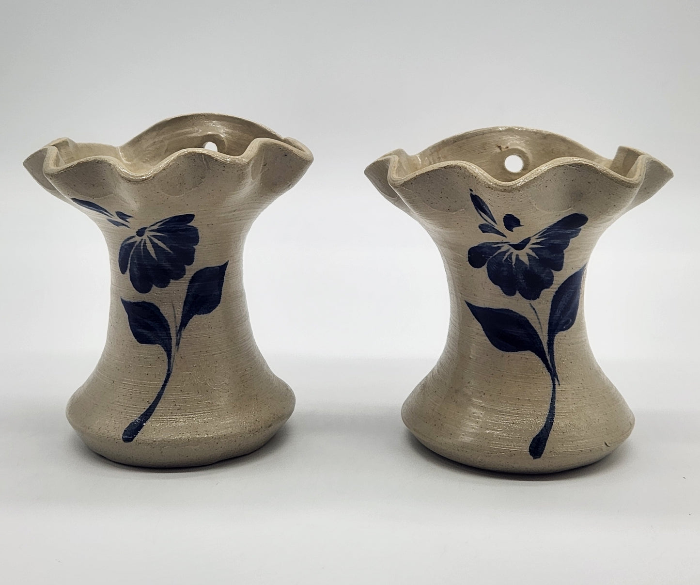 Williamsburg Pottery Pair of Wall Pocket Vases Blue Floral Design