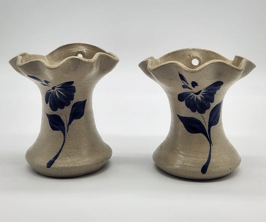 Williamsburg Pottery Pair of Wall Pocket Vases Blue Floral Design