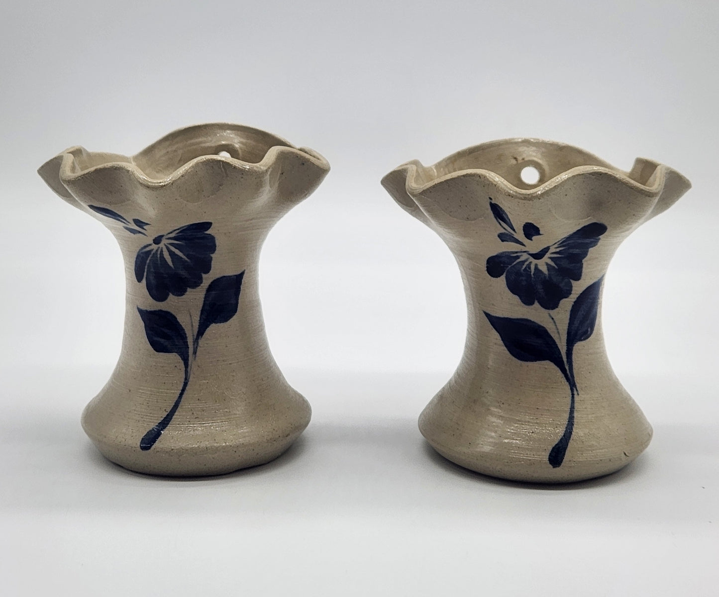 Williamsburg Pottery Pair of Wall Pocket Vases Blue Floral Design