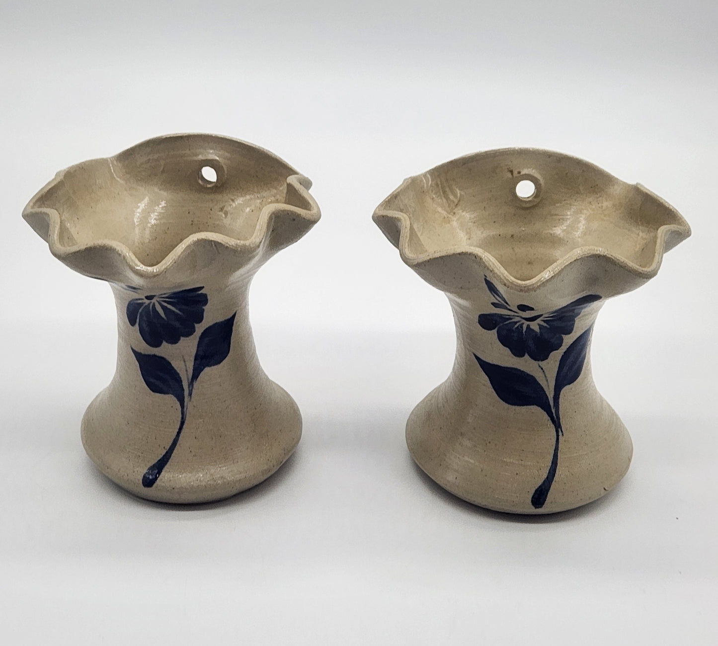 Williamsburg Pottery Pair of Wall Pocket Vases Blue Floral Design