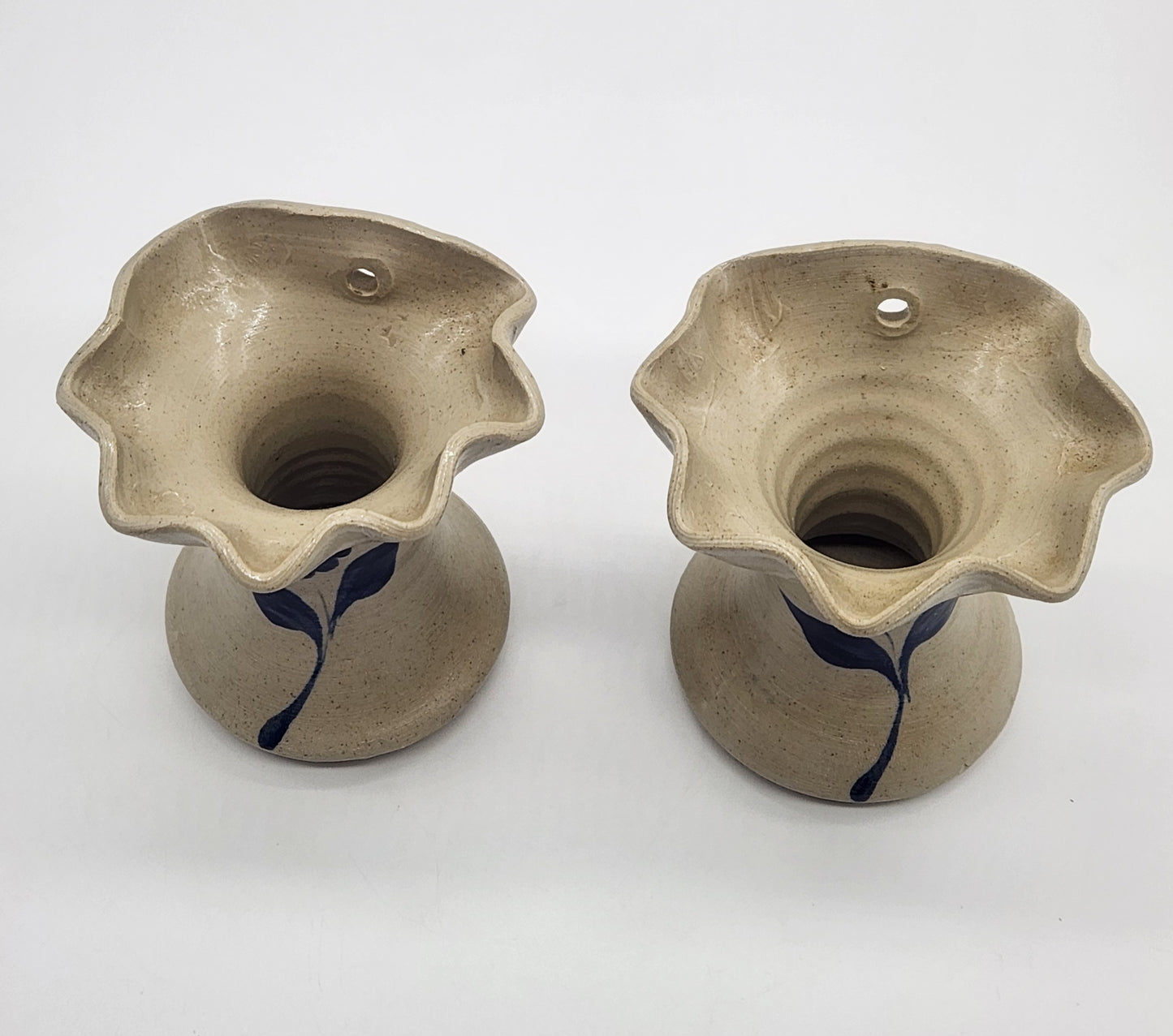 Williamsburg Pottery Pair of Wall Pocket Vases Blue Floral Design