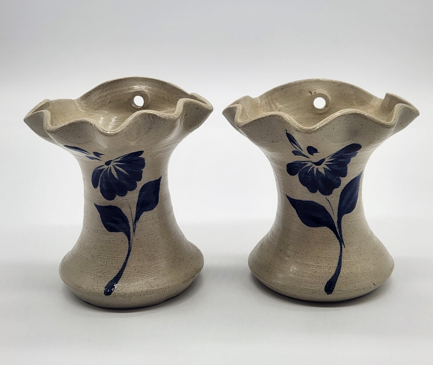 Williamsburg Pottery Pair of Wall Pocket Vases Blue Floral Design