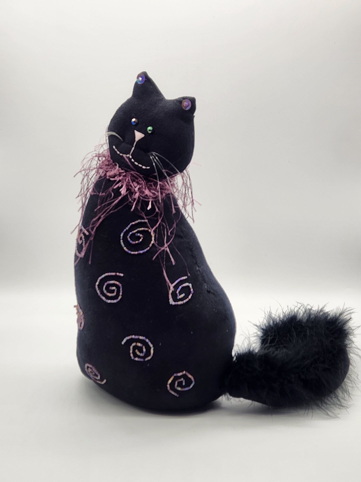 UNIQUE STUFFED BLACK CAT WEIGHTED HALLOWEEN DOOR STOP W/ FURRY COLLAR &TAIL