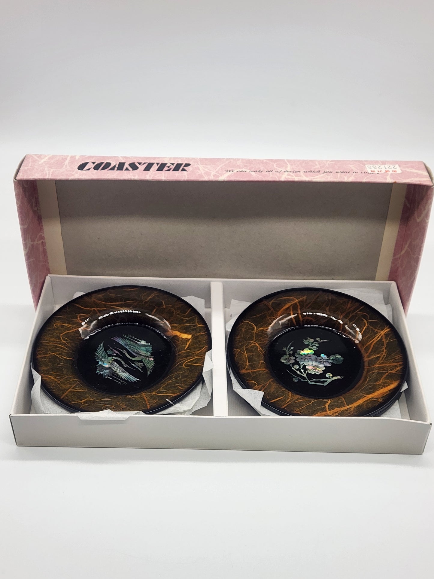 Set Of 6 Lacquer Ware Inlaid Mother of Pearl Cherry Blossom Coasters w/box