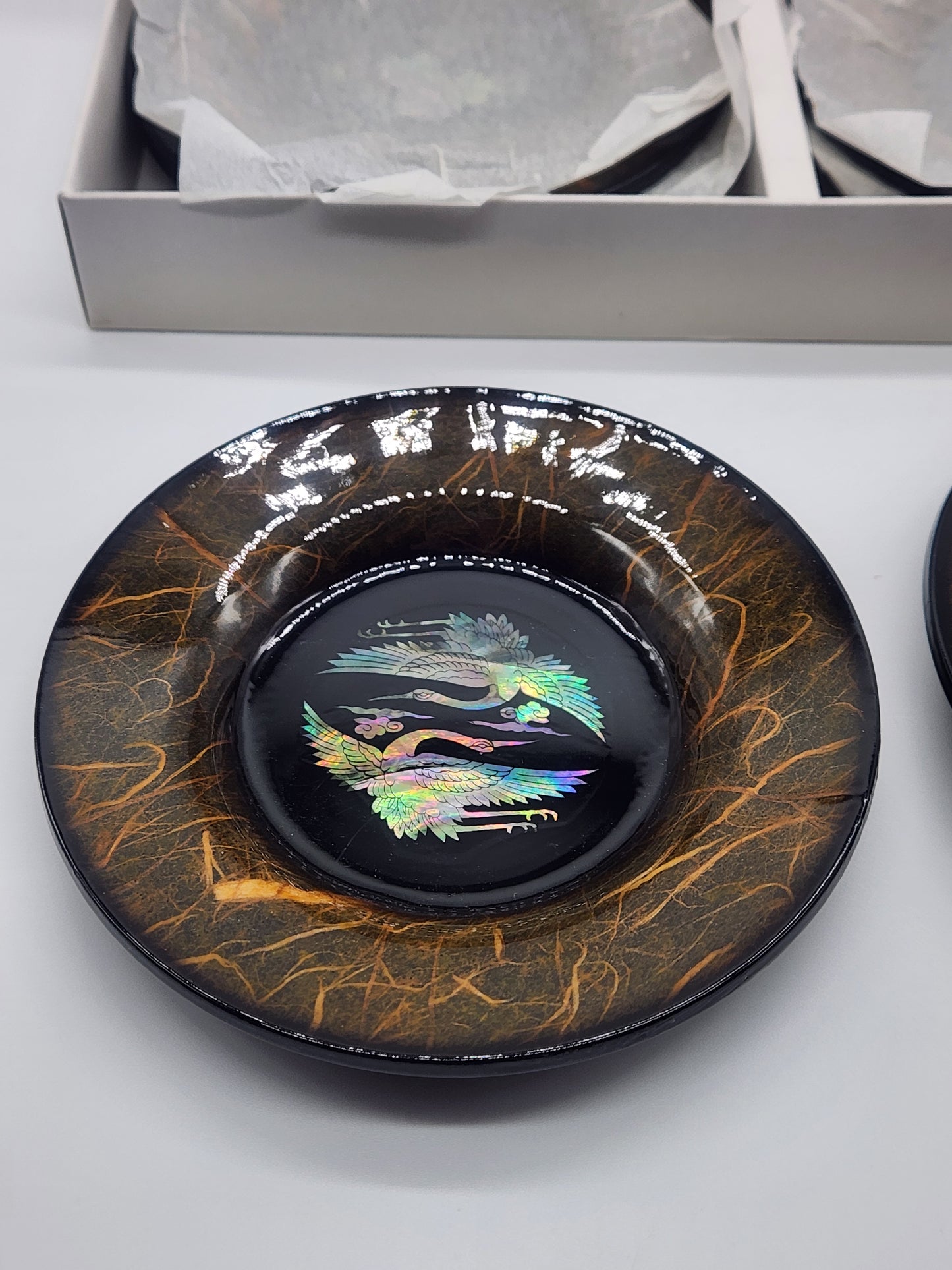 Set Of 6 Lacquer Ware Inlaid Mother of Pearl Cherry Blossom Coasters w/box