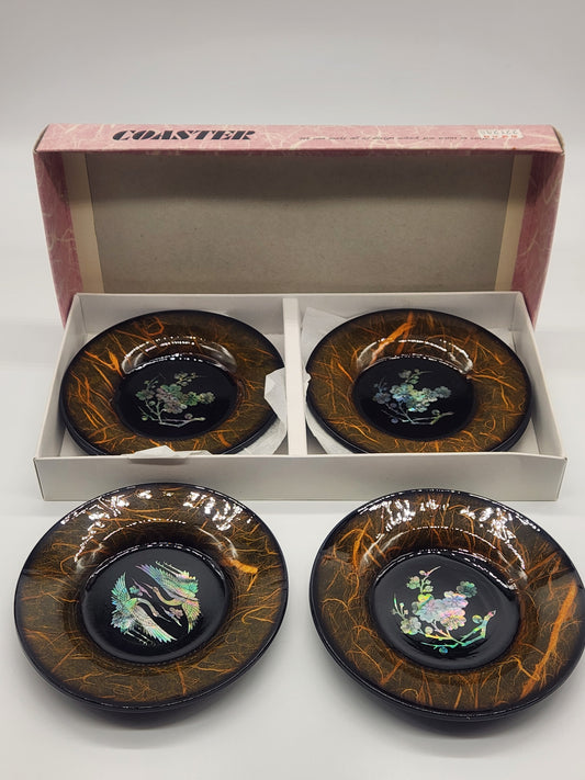 Set Of 6 Lacquer Ware Inlaid Mother of Pearl Cherry Blossom Coasters w/box