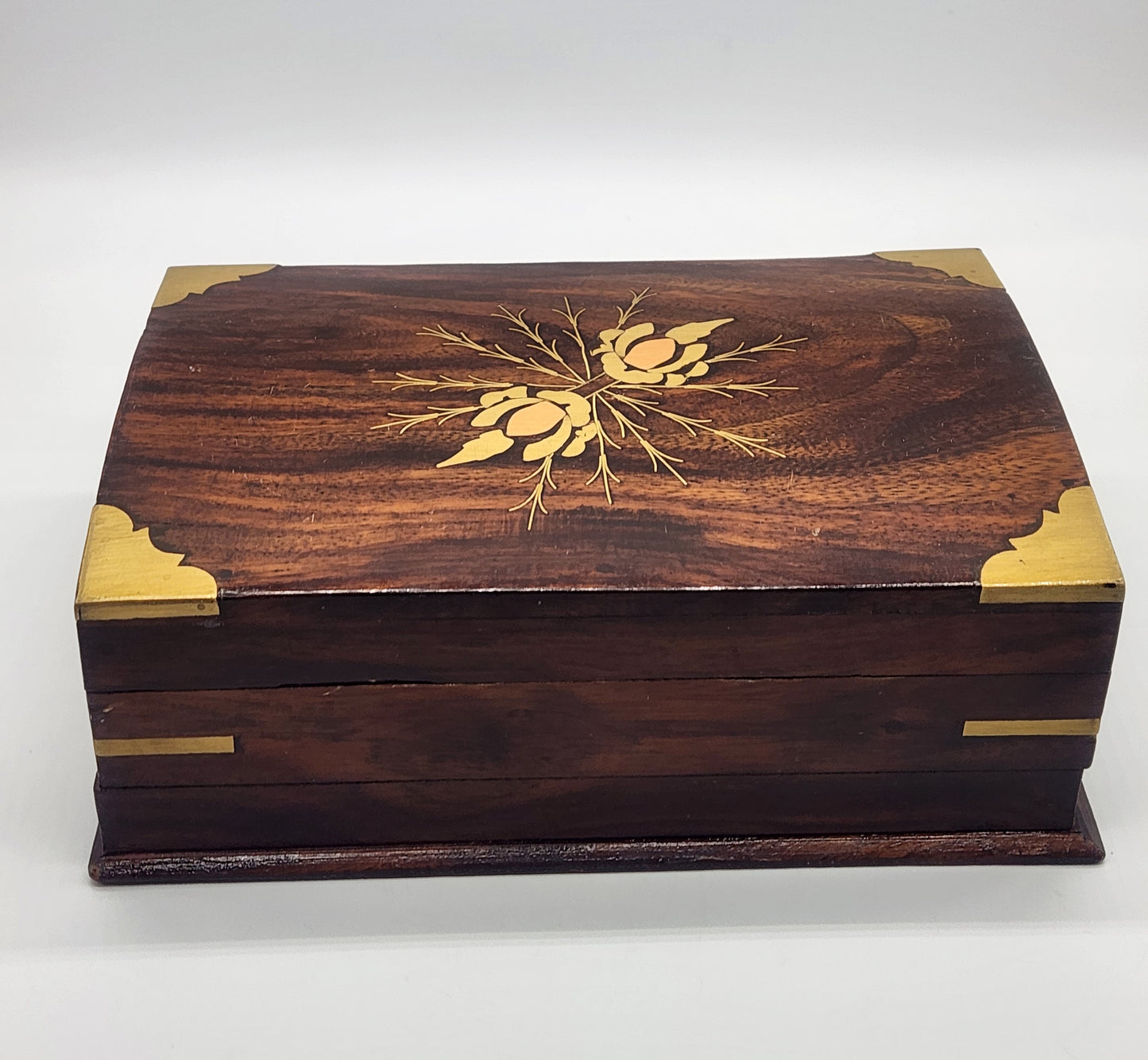 Vintage Brass Flower / Floral Rectangular Wooden Unisex Keepsake / Trinket Box