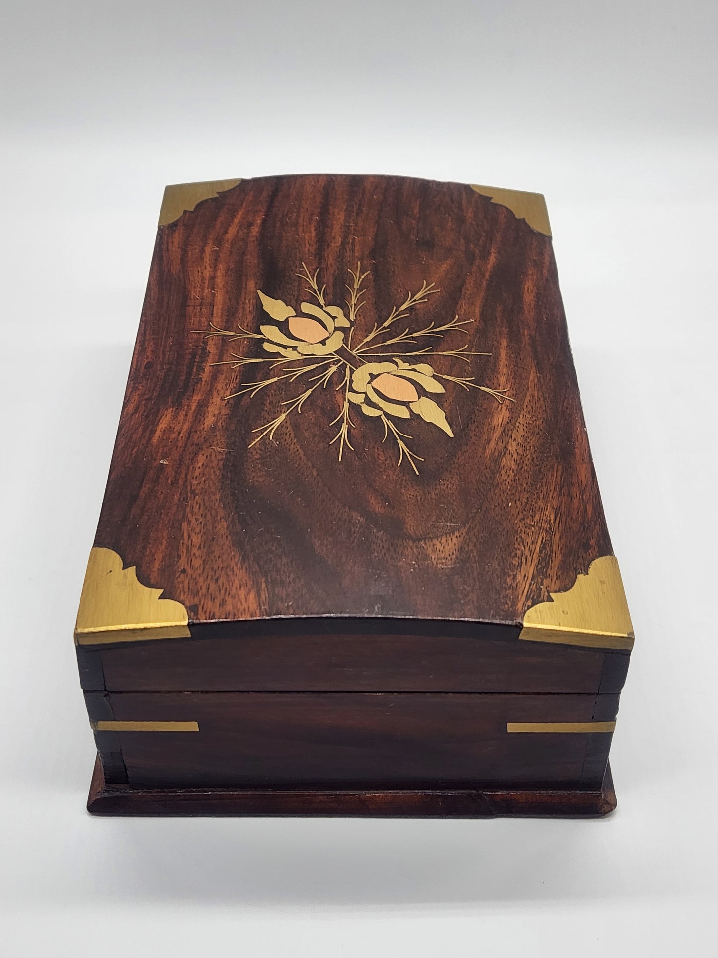 Vintage Brass Flower / Floral Rectangular Wooden Unisex Keepsake / Trinket Box