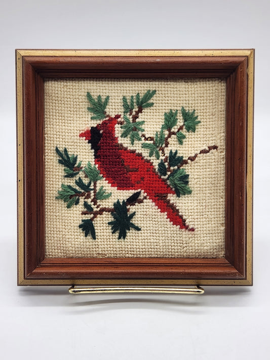VTG Cardinal Cross Stitch Framed Art Boho Christmas Winter Decor Handcrafted