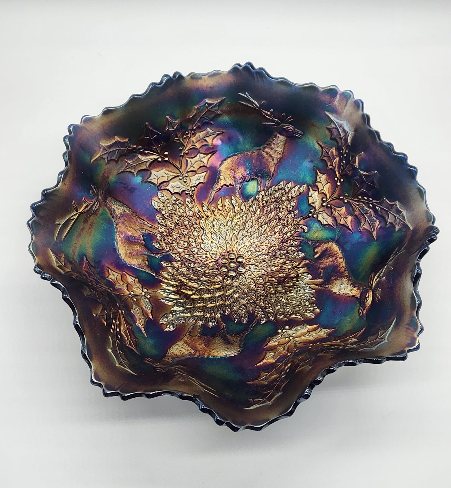 Antique Fenton Carnival Glass, Blue Base, Stag and Holly 11” Dia Footed Bowl