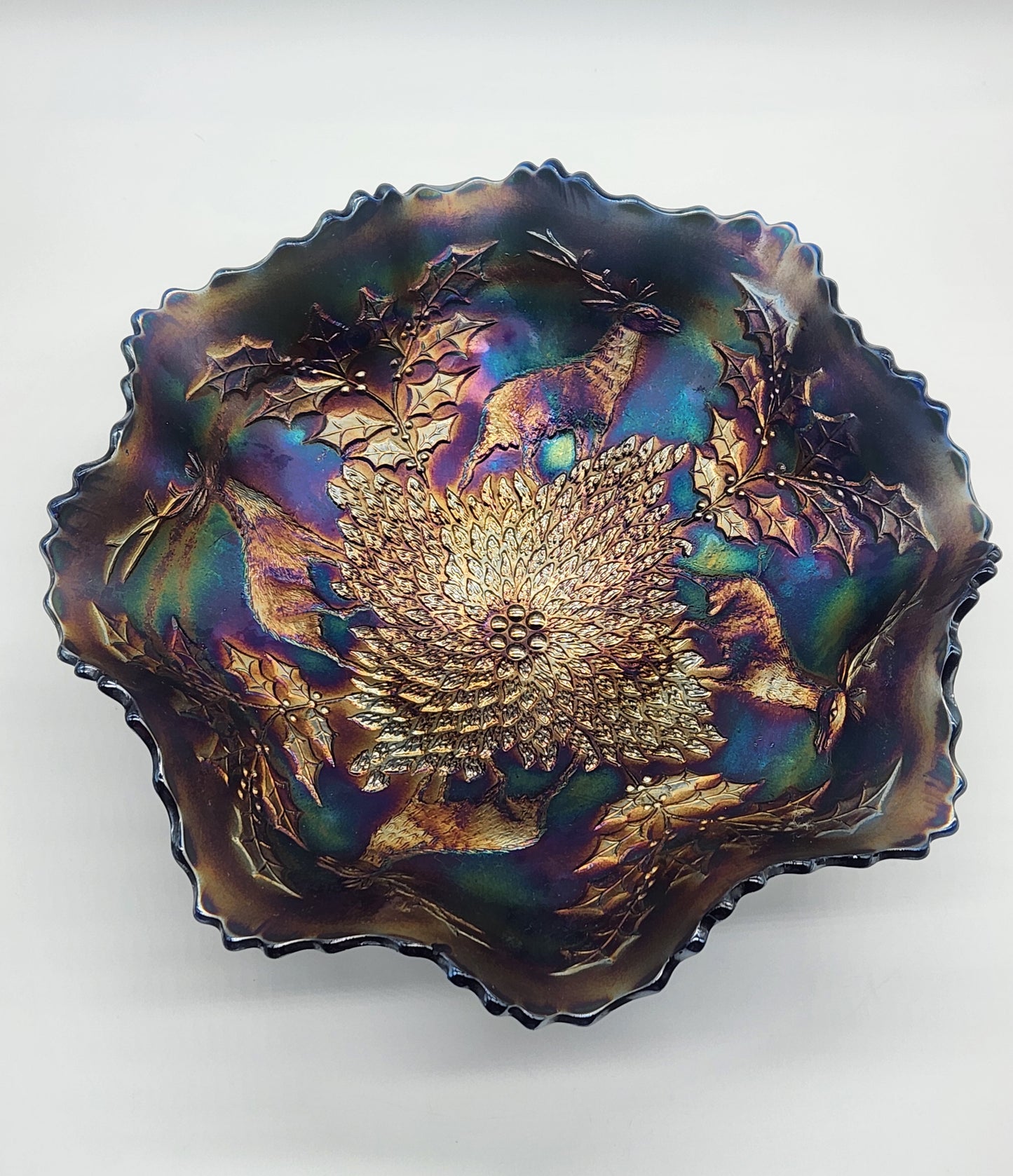Antique Fenton Carnival Glass, Blue Base, Stag and Holly 11” Dia Footed Bowl