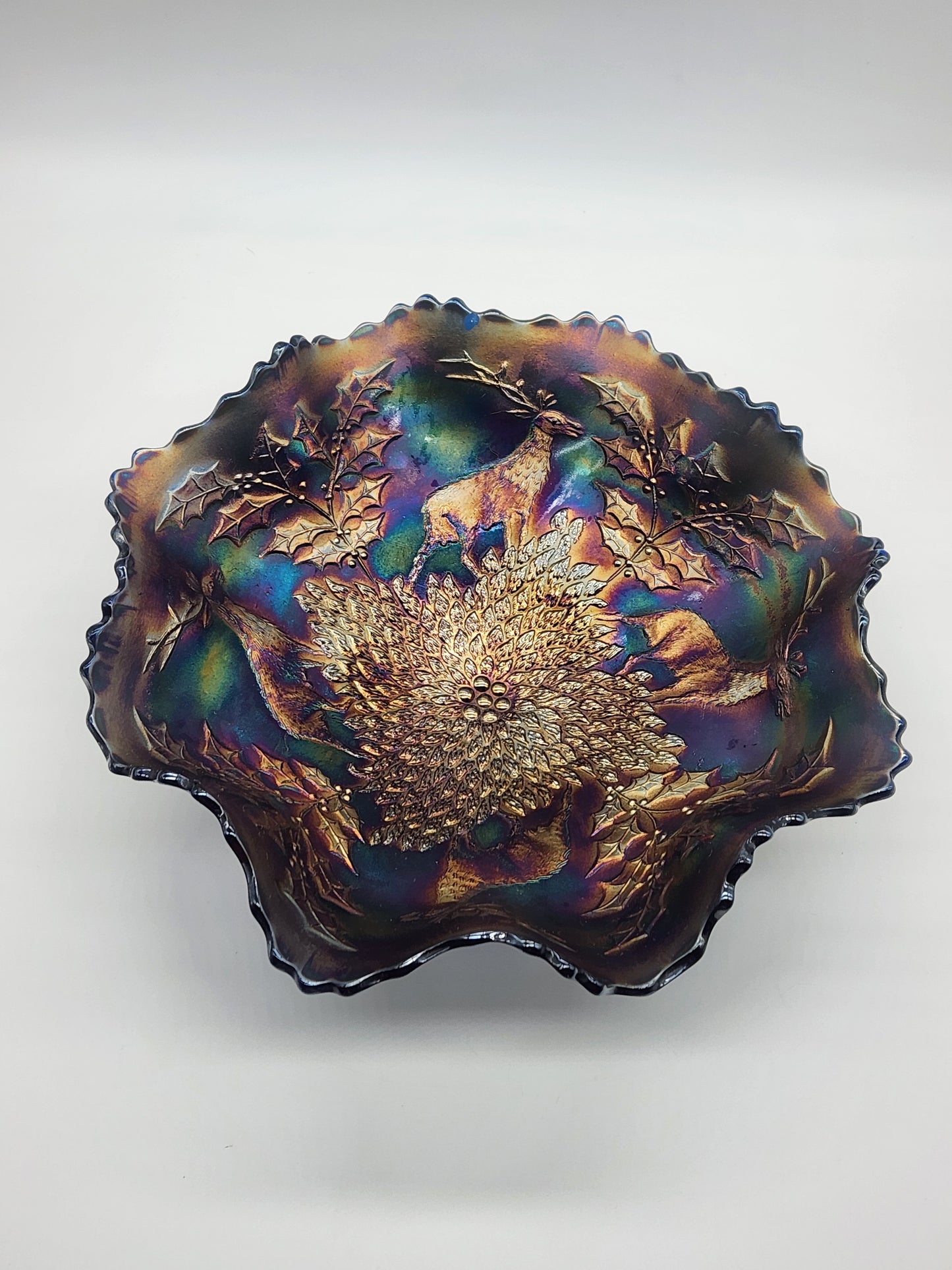Antique Fenton Carnival Glass, Blue Base, Stag and Holly 11” Dia Footed Bowl