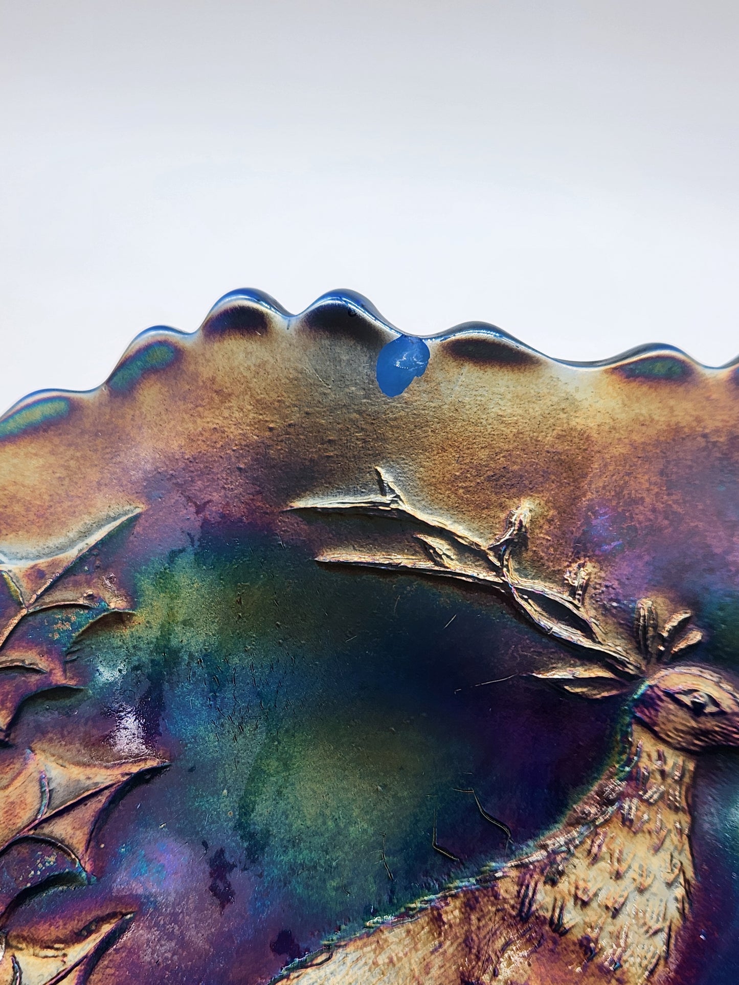 Antique Fenton Carnival Glass, Blue Base, Stag and Holly 11” Dia Footed Bowl