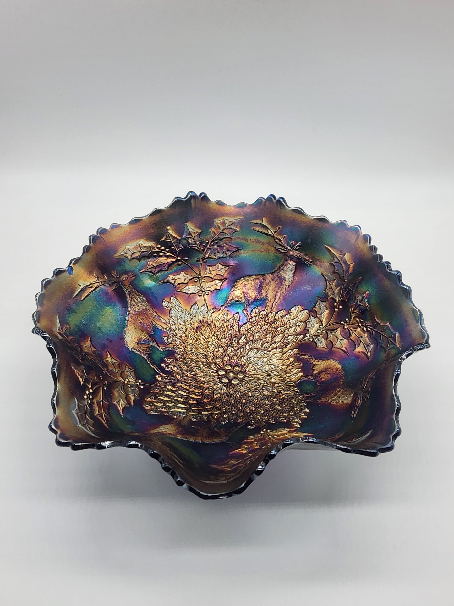 Antique Fenton Carnival Glass, Blue Base, Stag and Holly 11” Dia Footed Bowl